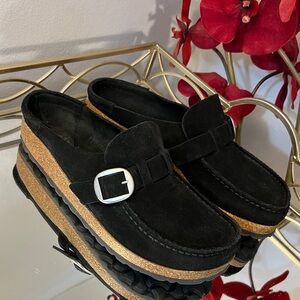 Birkenstock Buckley Black Suede Leather Buckle Slip On Clog Mules Size 38 (7)